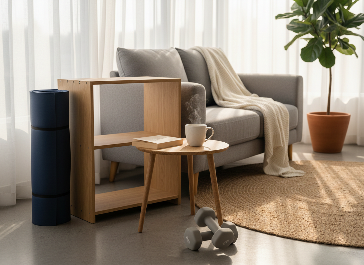 A tidy living room corner styled as a wellness nook, featuring a rolled navy yoga mat leaning against a light oak shelf, a pair of simple foam dumbbells resting on a woven jute rug, and a ceramic mug of herbal tea on a small round side table. In the background, a soft gray sofa with a cozy throw blanket and a potted plant create a relaxed everyday setting. Late afternoon natural light filters through sheer curtains, producing a warm, diffused glow and gentle shadows. Photographic realism, composed with rule of thirds and a shallow depth of field, communicating balance between movement, rest, and comfort in an attainable lifestyle.