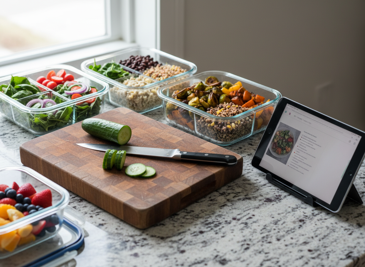 An inviting kitchen counter setup for realistic meal prep, with several glass containers filled with colorful, wholesome food: roasted vegetables, quinoa, leafy greens, and sliced fruit. A well-used wooden cutting board holds a partially chopped cucumber and chef’s knife, with a simple digital tablet propped nearby displaying an out-of-focus recipe page. Natural daylight from an unseen window illuminates the scene, creating soft reflections on the containers and subtle shadows across the textured stone countertop. Photographic realism, slightly elevated camera angle with sharp focus throughout, conveying a practical, organized, and sustainable approach to nutrition and everyday healthy habits.